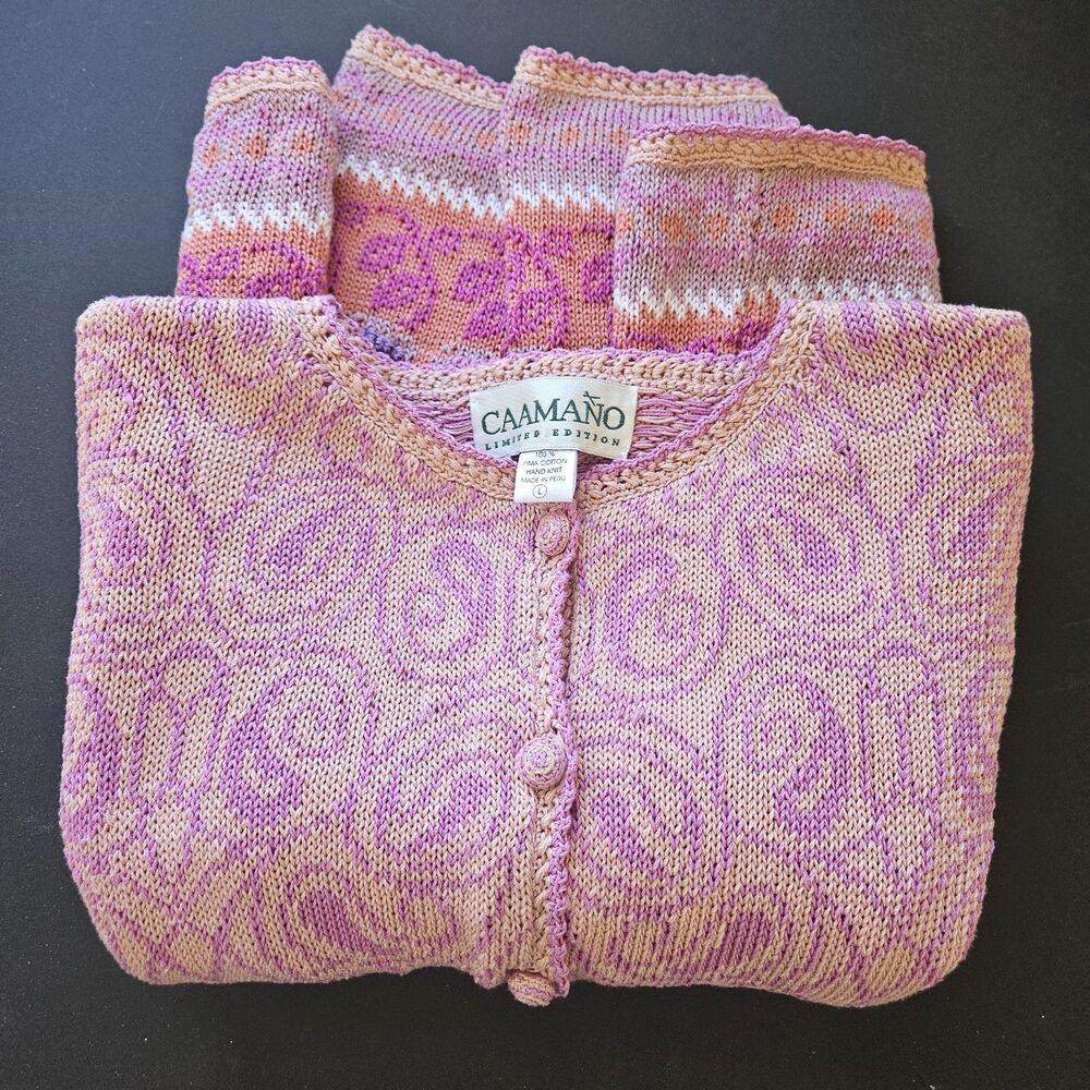 Hand Knit Cardigan Sweater Size L Vintage Caamano Pima Cotton Pink Floral